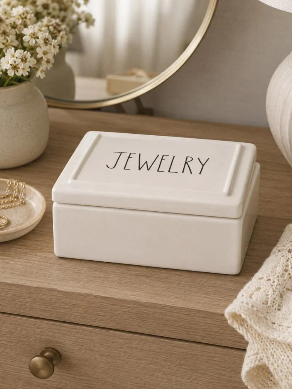 Jewelry Box Rae Dunn Ceramic White Lidded Vanity Organizer Farmhouse Decor